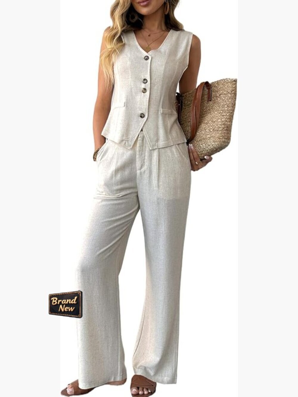 2 Piece Linen Vest & Wide Leg Pants Set Summer Office